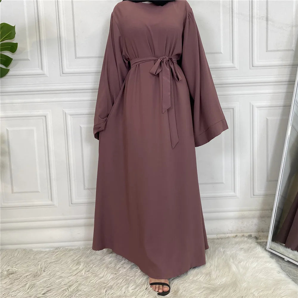 Elegant Modest Maxi Dress with Waist Tie – Long Sleeve Woven Abaya Style Dress for Women (All Season)