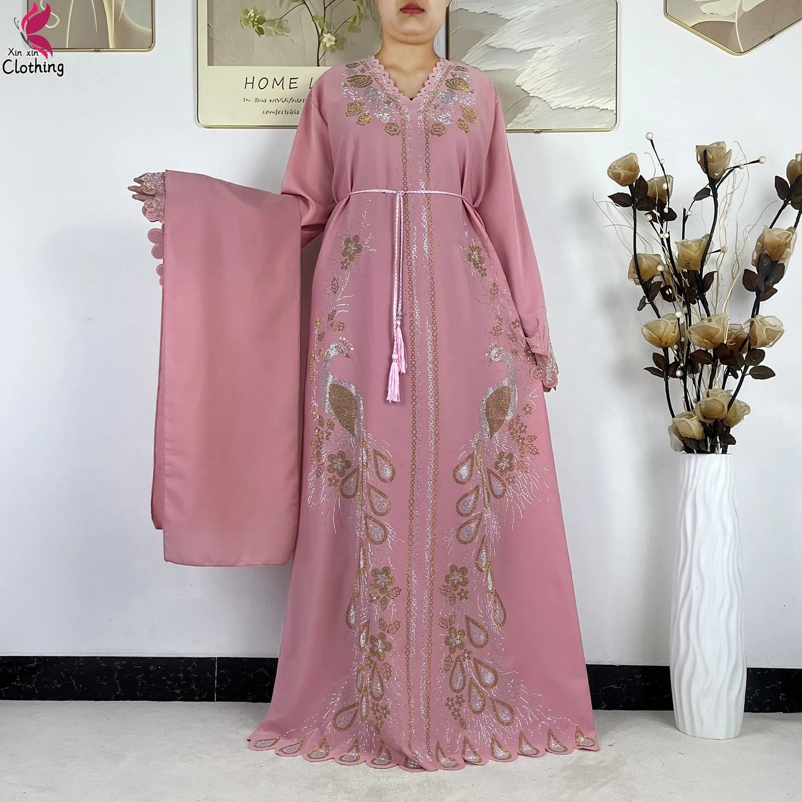 Elariah Diamond Chiffon Modest Abaya Dress – Elegant Long Sleeve Islamic Maxi Robe