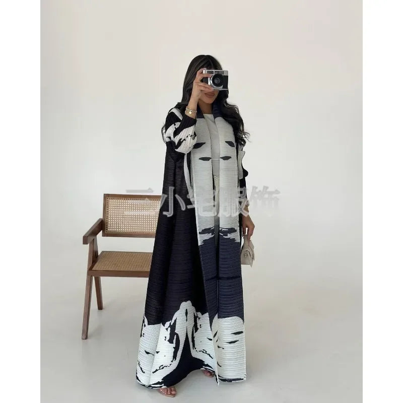 Elariah Retro Printed Pleated Abaya Coat – Belted Chiffon Maxi Modest Windbreaker Jacket for Women (One Size)
