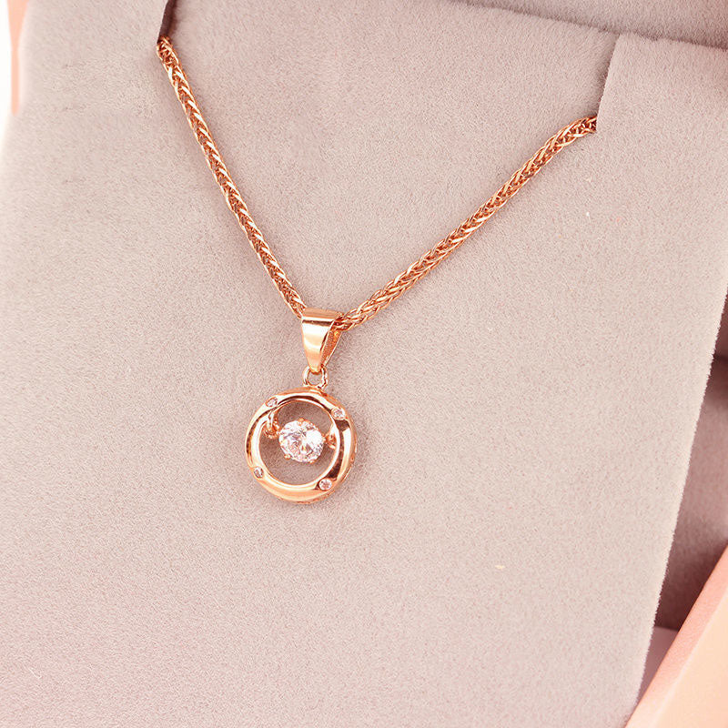 Collier avec pendentif rond en cristal et or rose 14 carats – Chaîne de clavicule classique en zircon pour femme