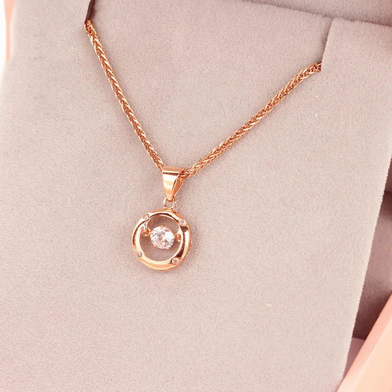 14K Rose Gold Round Crystal Pendant Necklace – Classic Zircon Clavicle Chain for Women