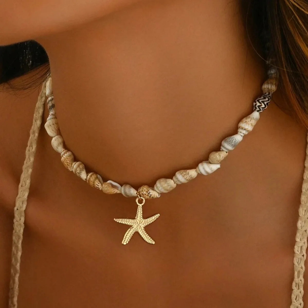 Collier coquillage bohème pour femme – Pendentif coquillage et étoile de mer