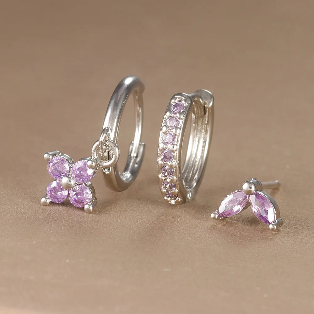 Ensemble de 3 boucles d'oreilles pendantes en acier inoxydable avec zircon cubique – Boucles d'oreilles florales hypoallergéniques pour femmes