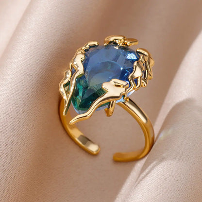 Luxury Gold-Plated Heart Ring with Colorful Zircon Stones – Adjustable Stainless Steel Cocktail Ring for Women