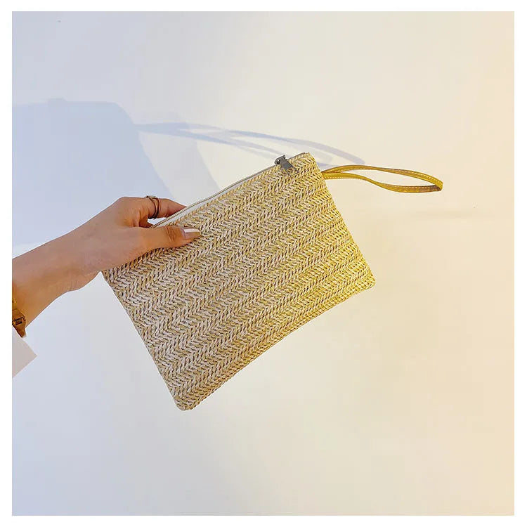 Elariah Woven Straw Wristlet Clutch Bag – Bohemian Summer Beach Handbag with Zipper (White, Khaki, Beige)