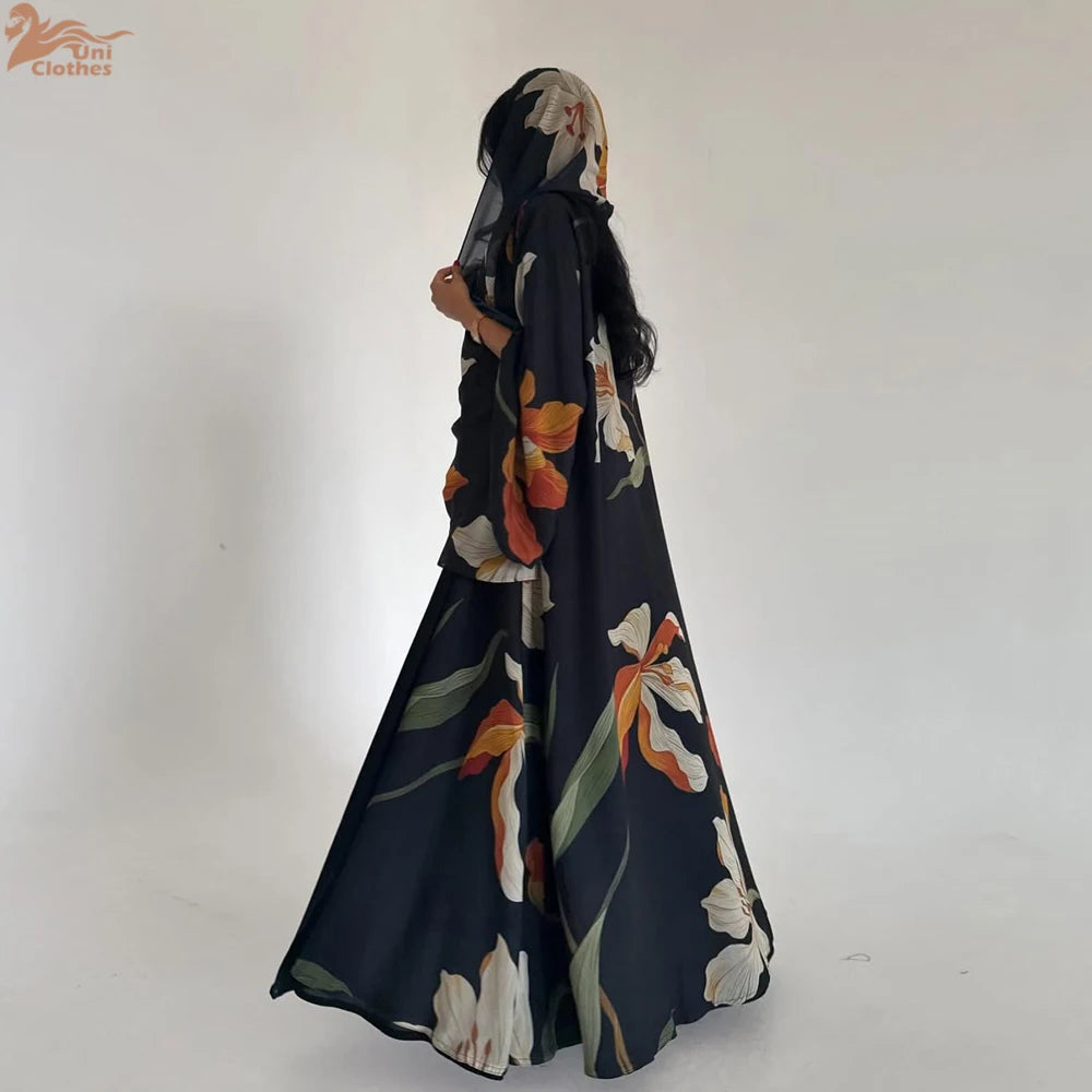 Abaya Elariah Femme Ouverte à Imprimé Floral avec Voile Assorti – Cardigan Maxi Modeste Kaftan, Polyester Noir
