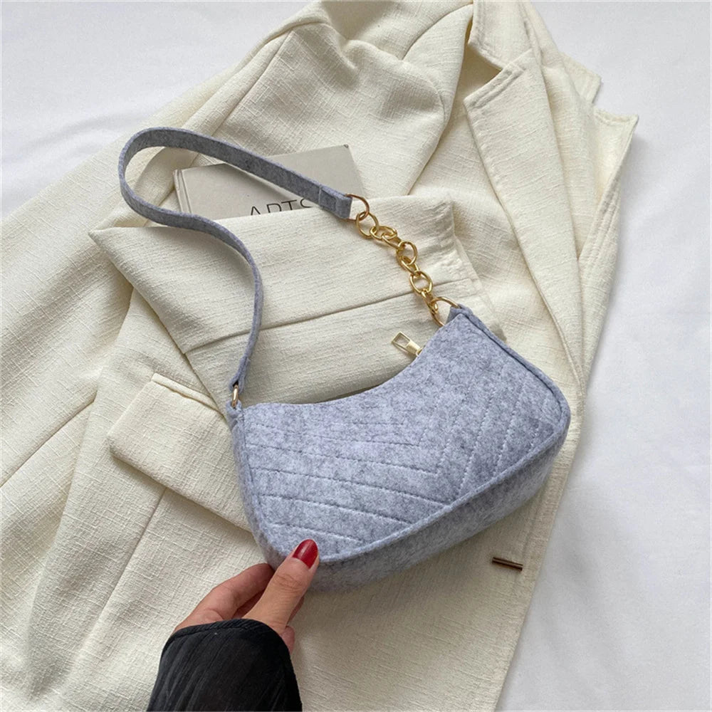 Bolso retro para mujer, tipo axila, de fieltro, de color liso, para hombro, informal, tipo bola de masa, sencillo, a la moda