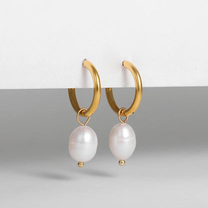 2-Pair Set Vintage Pearl Dangle Hoop Earrings – 18K Gold Plated Stainless Steel Hoops for Women