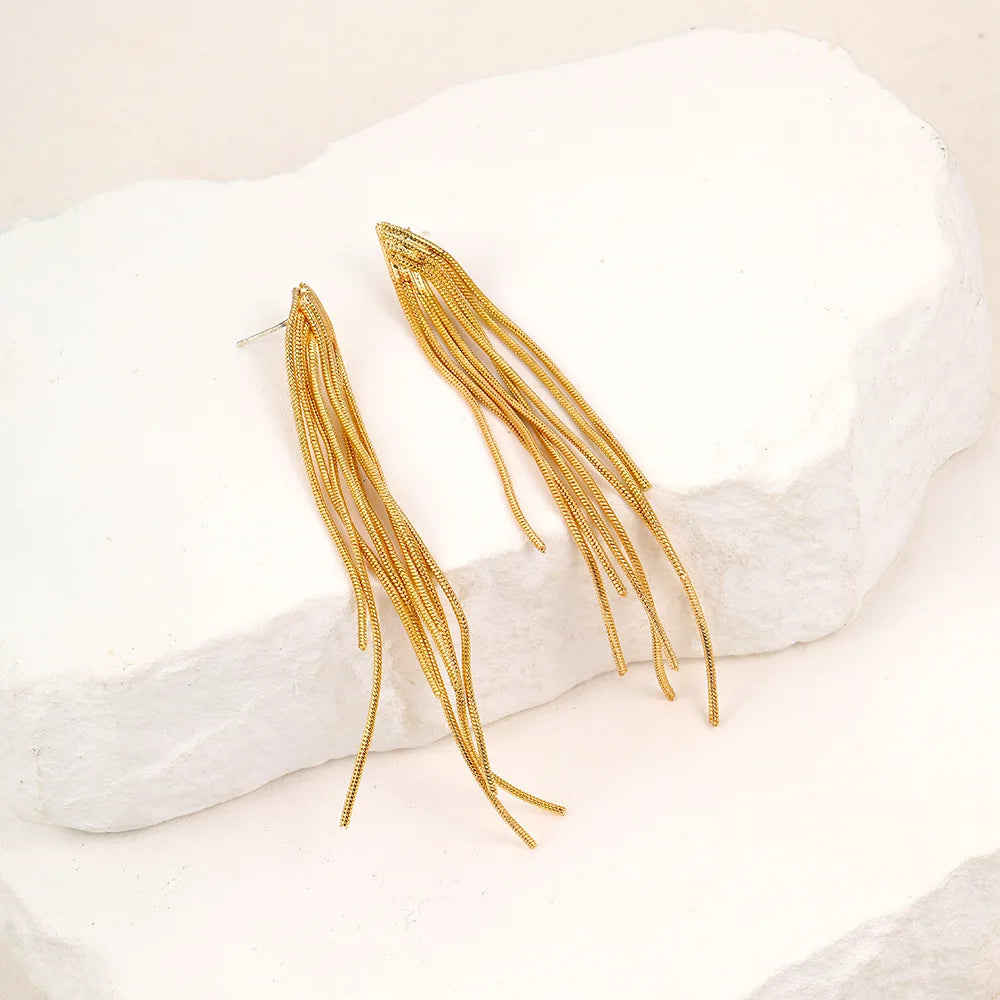 Gold Bling Tassel Statement Earrings – Elegant Long Drop Design for Women