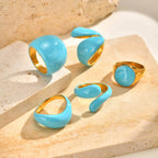 Chunky Enamel Twist Ring for Women – Gold Plated Stainless Steel Open Crossover Statement Ring, Waterproof Stackable Band (Blue/Green/Pink)