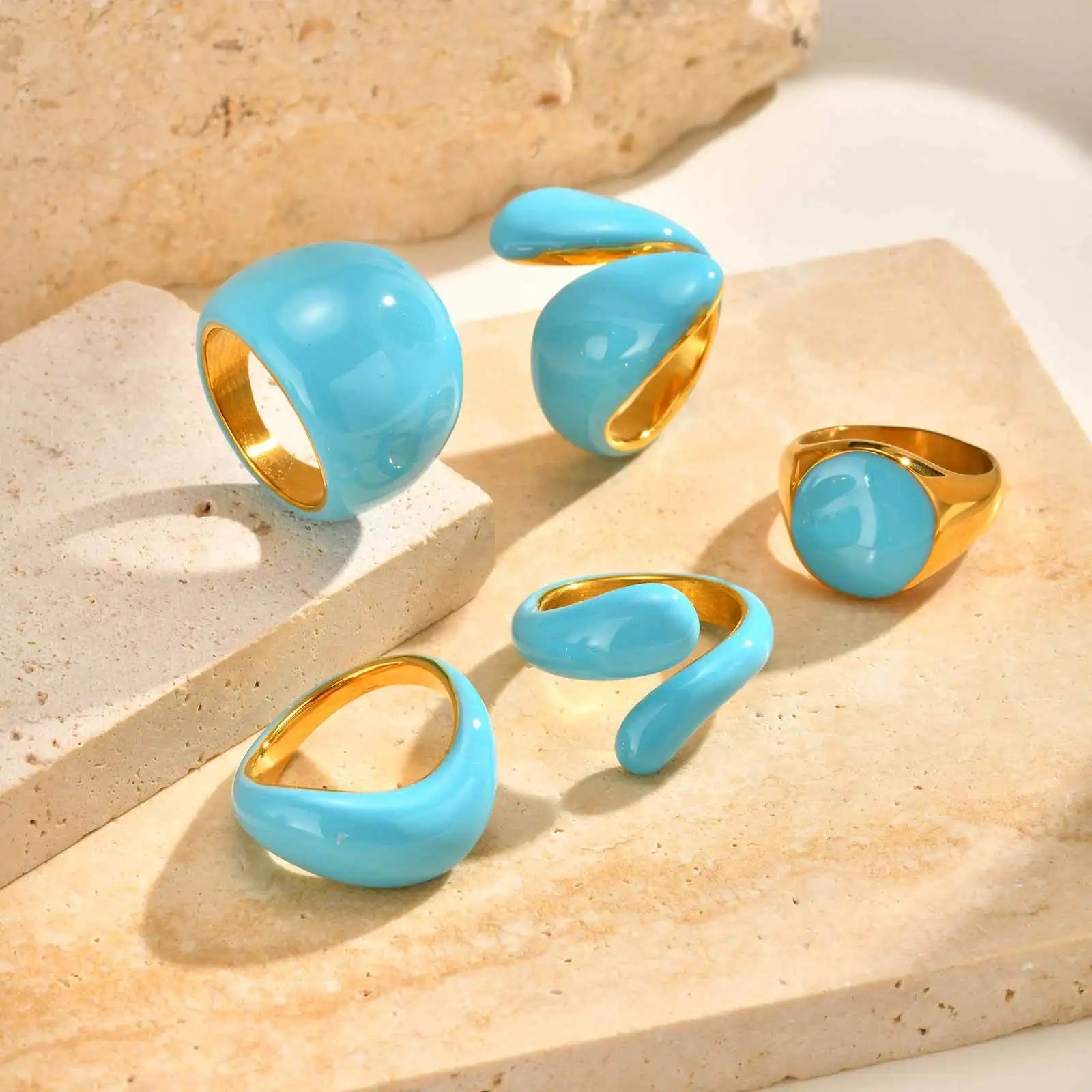Chunky Enamel Twist Ring for Women – Gold Plated Stainless Steel Open Crossover Statement Ring, Waterproof Stackable Band (Blue/Green/Pink)
