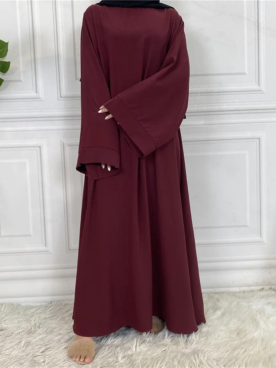 Elegant Modest Maxi Dress with Waist Tie – Long Sleeve Woven Abaya Style Dress for Women (All Season)