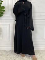 Elegant Modest Maxi Dress with Waist Tie – Long Sleeve Woven Abaya Style Dress for Women (All Season)