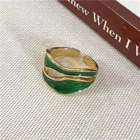 Bague ajustable géométrique vintage en émail blanc – Bague cocktail ouverte irrégulière pour femme