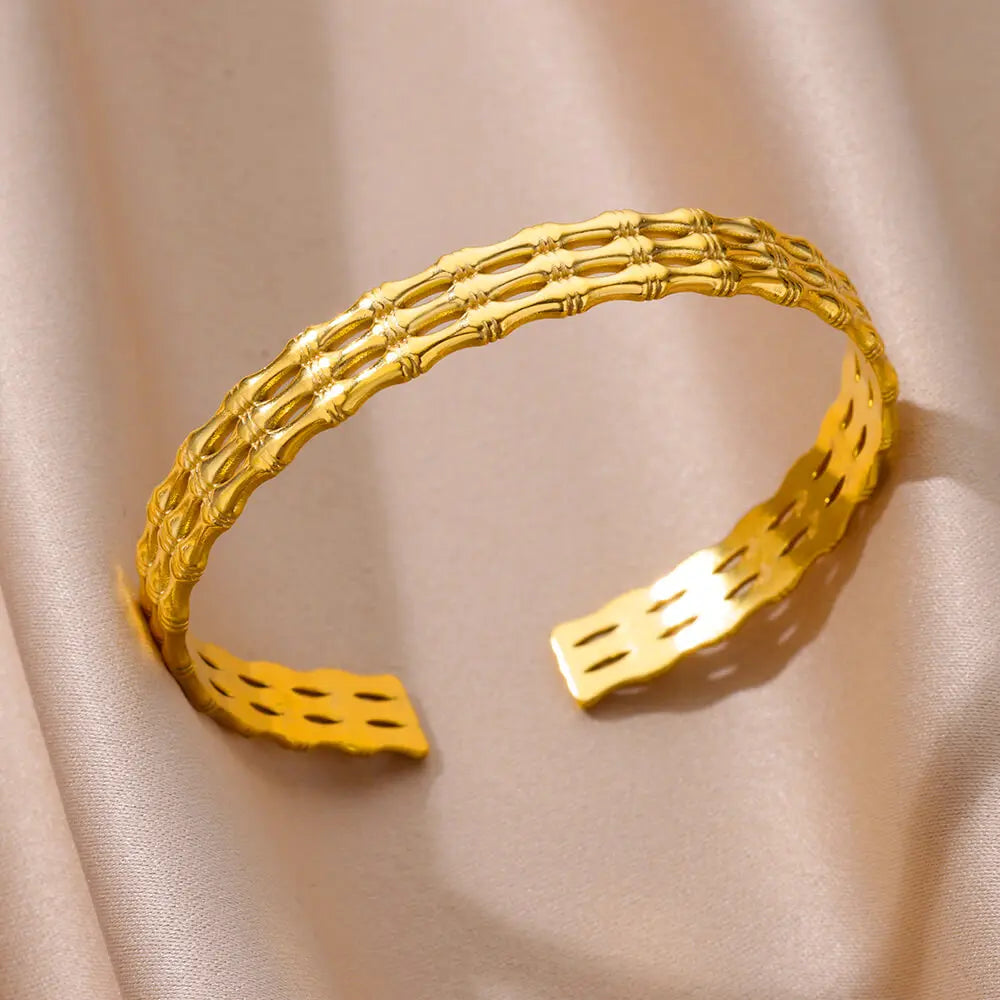 Bracelet jonc ajustable de luxe en acier inoxydable – Bijou manchette doré étanche pour femme