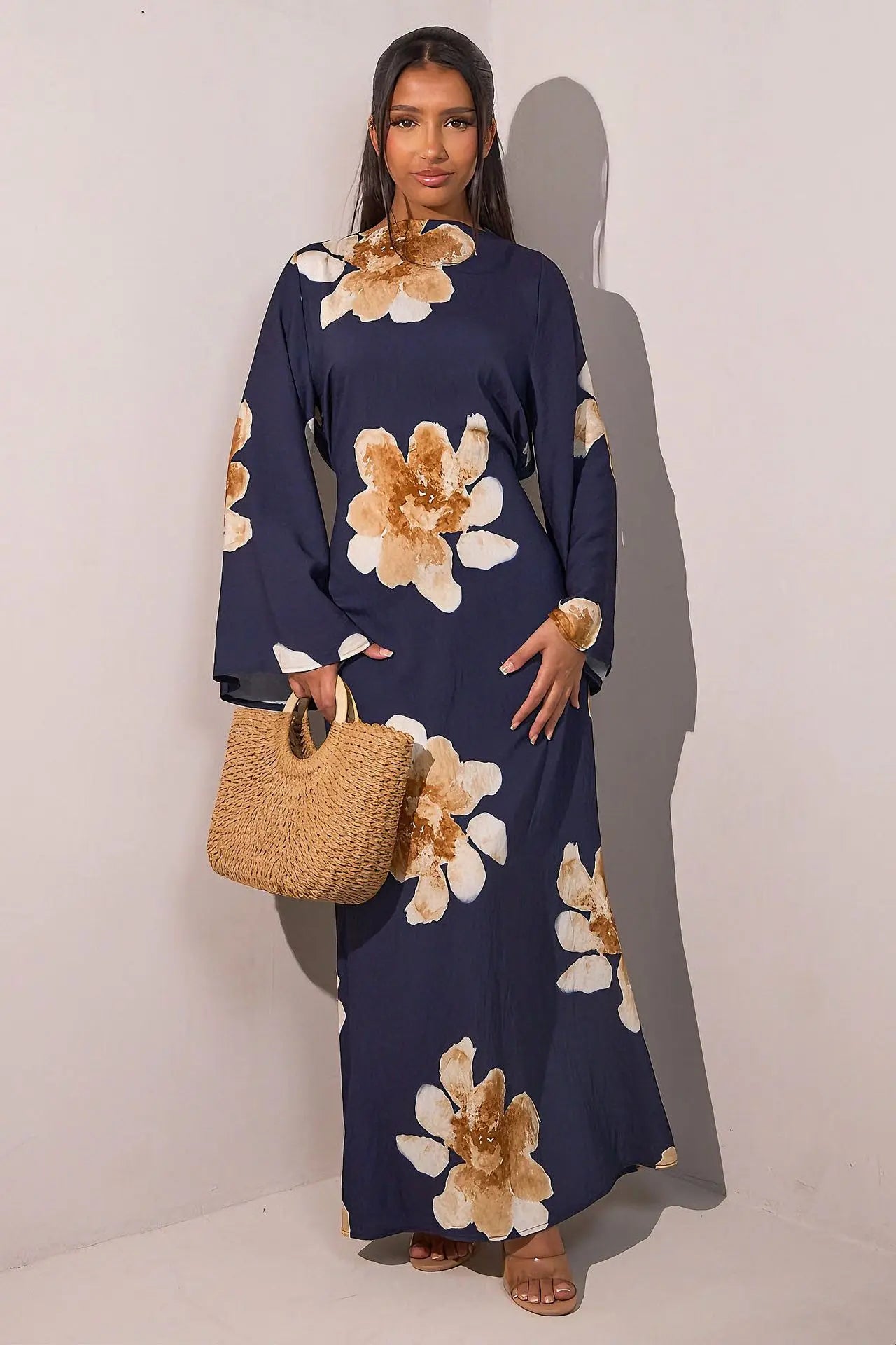 Elariah Floral Print Modest Kaftan Abaya Dress – Long Sleeve Maxi Jalabiya for Eid, Ramadan & Special Occasions