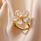 Bague cœur plaquée or de luxe avec zircones colorées – Bague cocktail ajustable en acier inoxydable pour femme