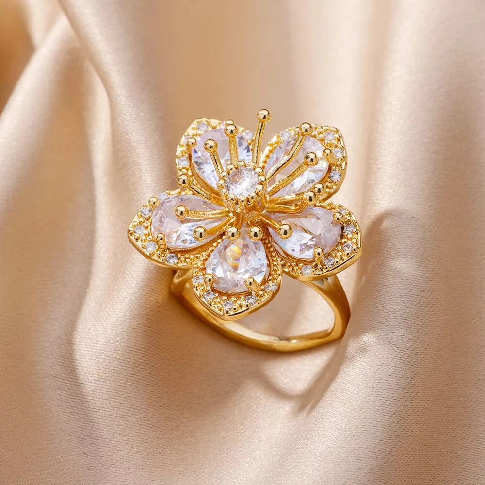 Luxury Gold-Plated Heart Ring with Colorful Zircon Stones – Adjustable Stainless Steel Cocktail Ring for Women
