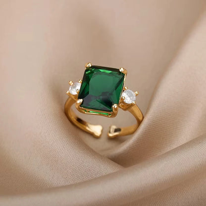 Luxury Gold-Plated Heart Ring with Colorful Zircon Stones – Adjustable Stainless Steel Cocktail Ring for Women