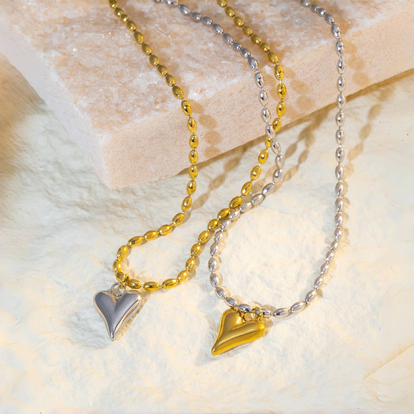 18K Gold Plated Heart Pendant Necklace – Stainless Steel Bead Chain, Dainty Romantic Jewelry for Women