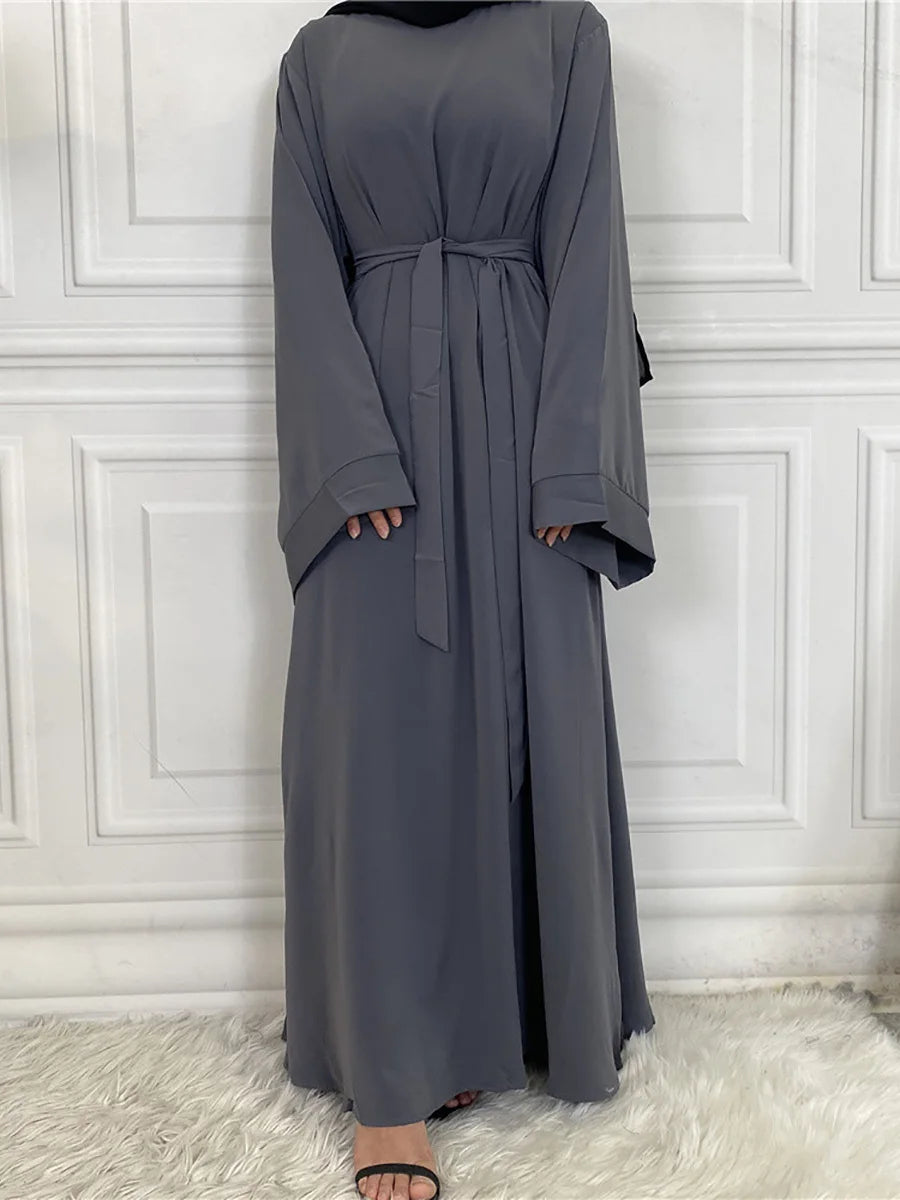 Elegant Modest Maxi Dress with Waist Tie – Long Sleeve Woven Abaya Style Dress for Women (All Season)