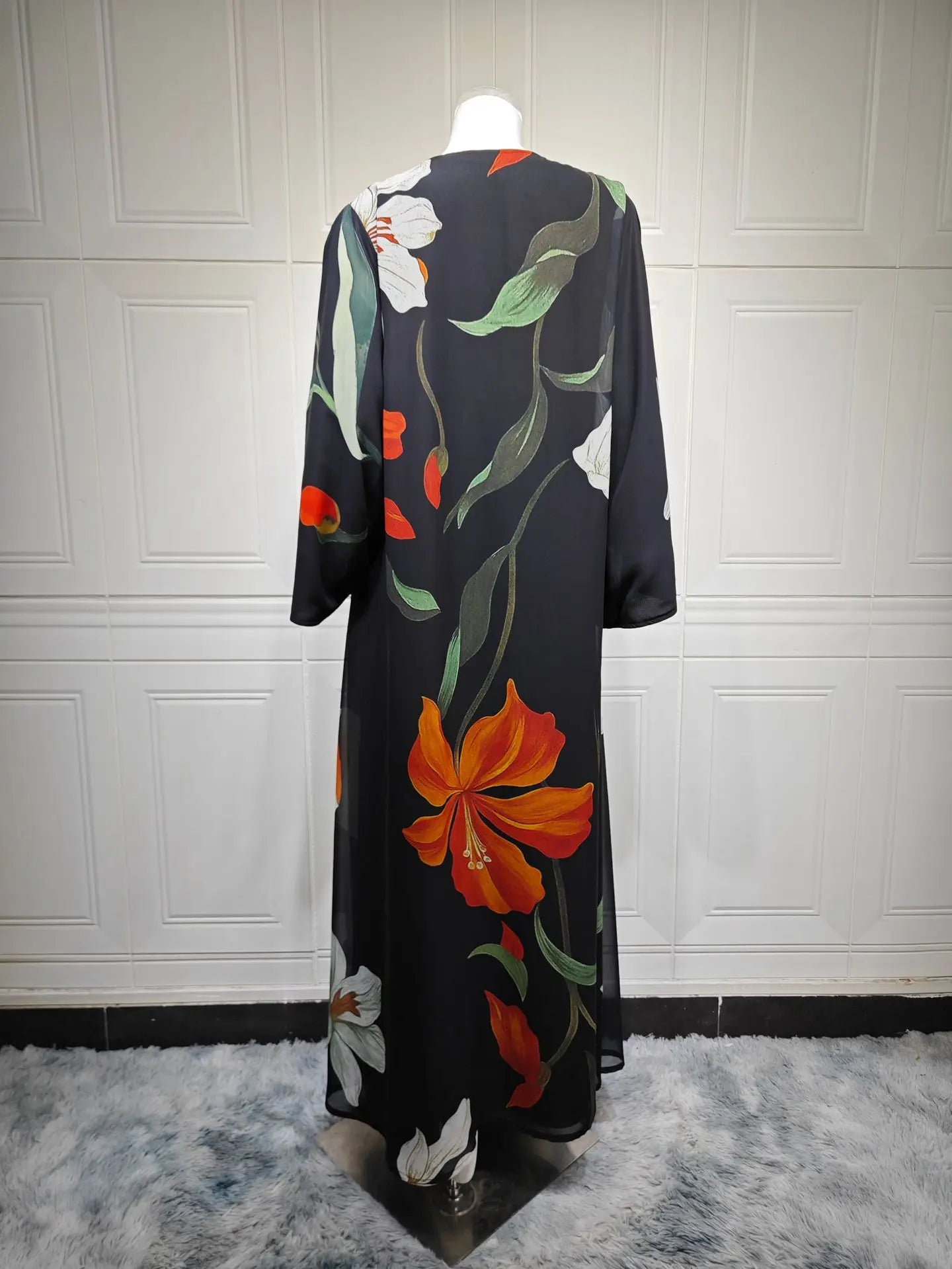 Abaya Elariah Femme Ouverte à Imprimé Floral avec Voile Assorti – Cardigan Maxi Modeste Kaftan, Polyester Noir