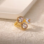 Bague cœur plaquée or de luxe avec zircones colorées – Bague cocktail ajustable en acier inoxydable pour femme