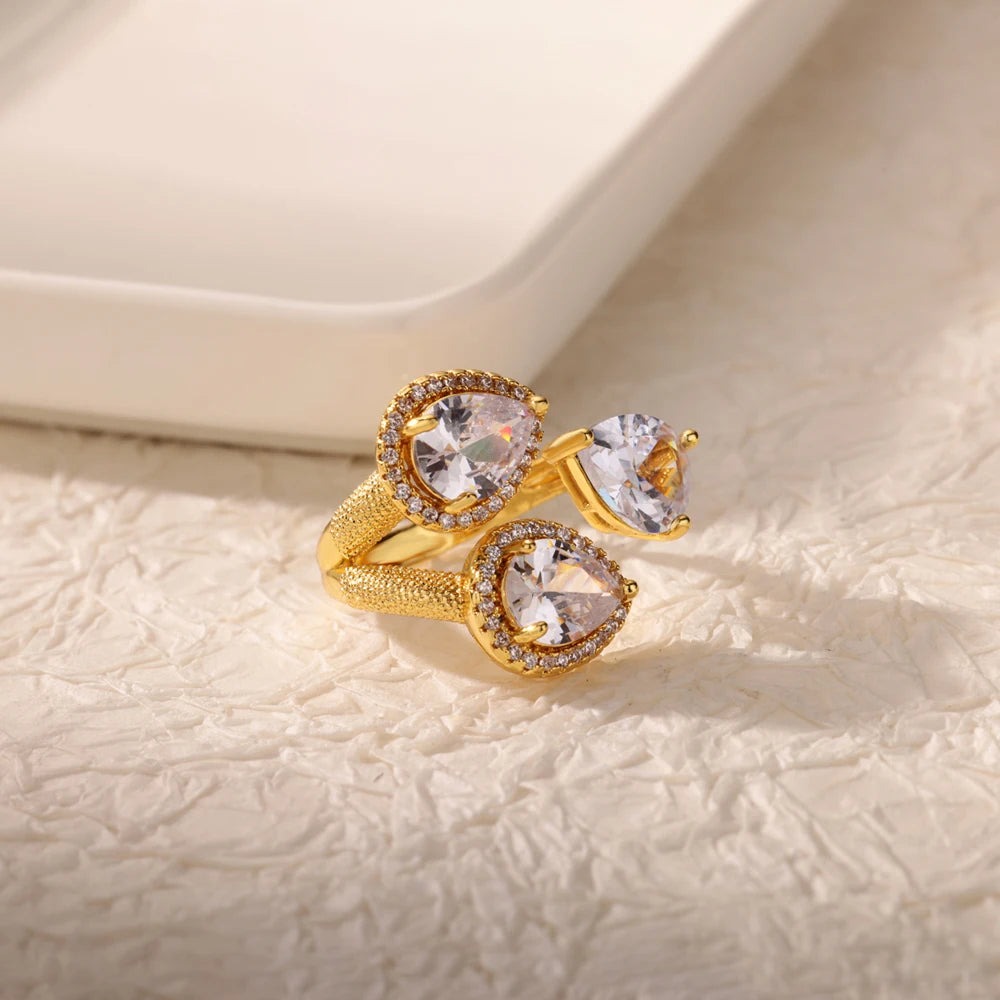 Luxury Gold-Plated Heart Ring with Colorful Zircon Stones – Adjustable Stainless Steel Cocktail Ring for Women