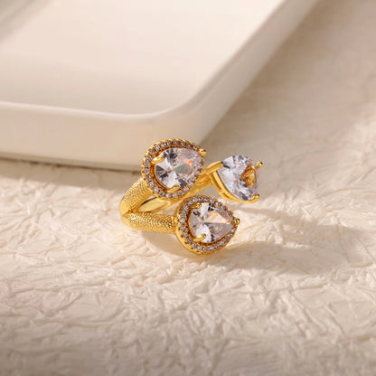 Luxury Gold-Plated Heart Ring with Colorful Zircon Stones – Adjustable Stainless Steel Cocktail Ring for Women