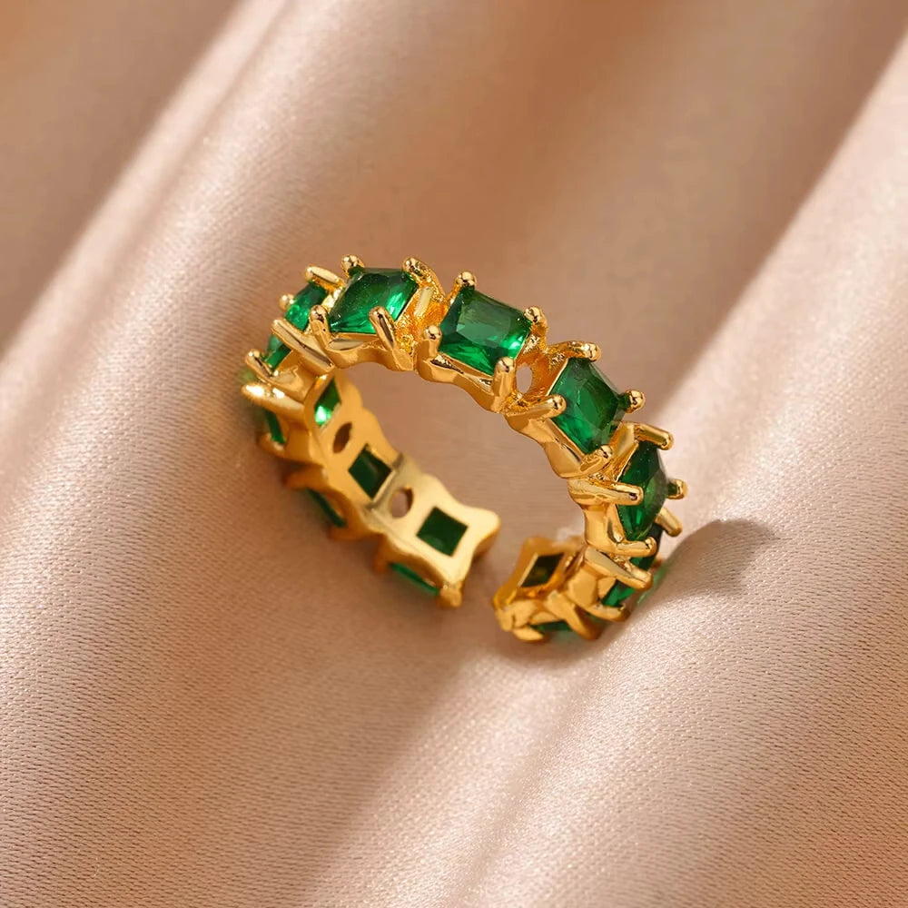 Luxury Gold-Plated Heart Ring with Colorful Zircon Stones – Adjustable Stainless Steel Cocktail Ring for Women
