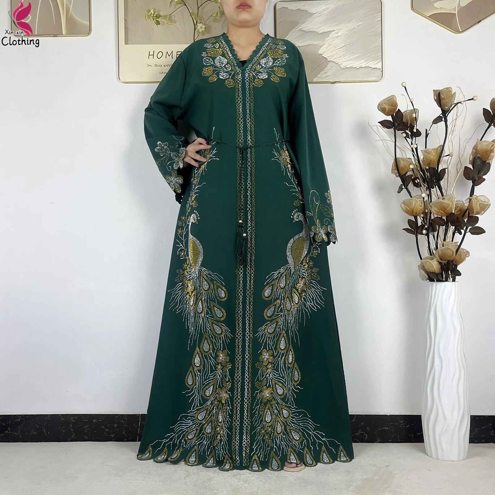 Elariah Diamond Chiffon Modest Abaya Dress – Elegant Long Sleeve Islamic Maxi Robe