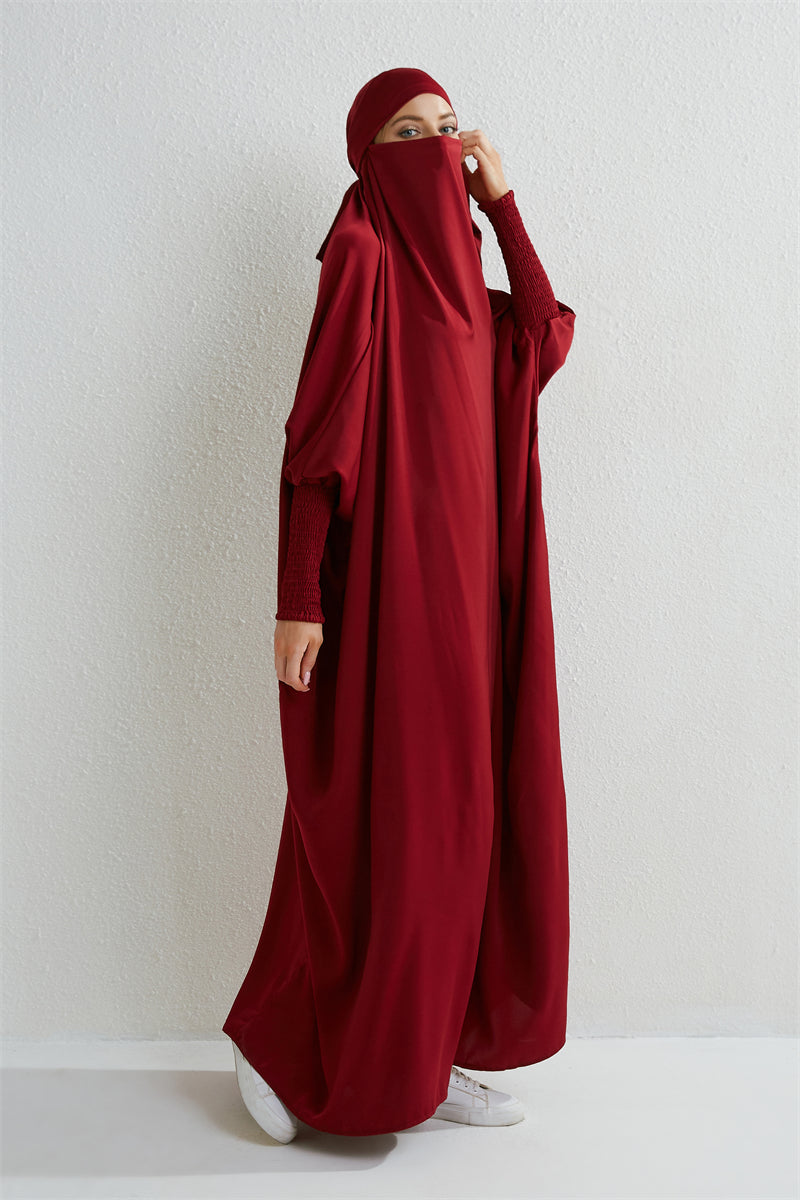 Elariah Hooded Modest Abaya Dress – Loose Fit One-Piece Jilbab with Smocked Sleeves (Black)