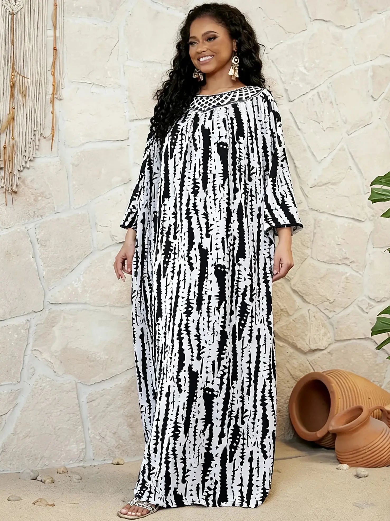 Embroidered Cotton Abaya Dress – Loose Boho Maxi Kaftan with Tassel Detail (One Size, 6 Colours)