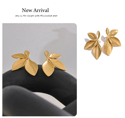 Gold Plated Stainless Steel Leaf Flower Stud Earrings – Waterproof & Hypoallergenic Jewelry for Women