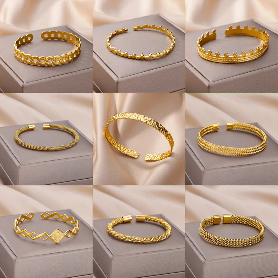 Bracelet jonc ajustable de luxe en acier inoxydable – Bijou manchette doré étanche pour femme