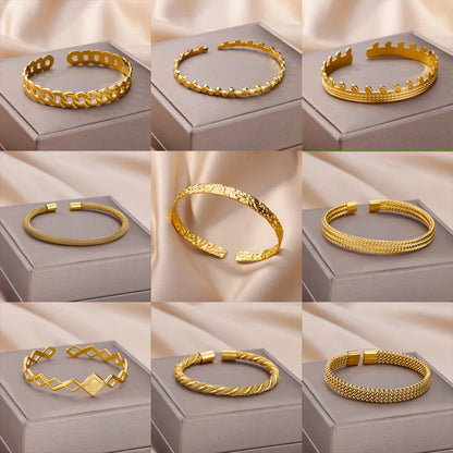 Luxury Adjustable Stainless Steel Bangle Bracelet – Waterproof Gold Cuff Jewelry for Women