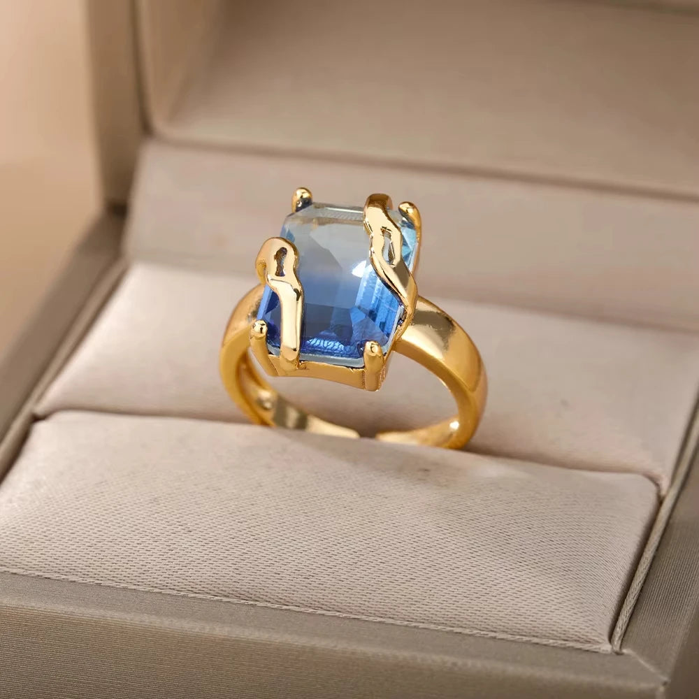 Bague cœur plaquée or de luxe avec zircones colorées – Bague cocktail ajustable en acier inoxydable pour femme