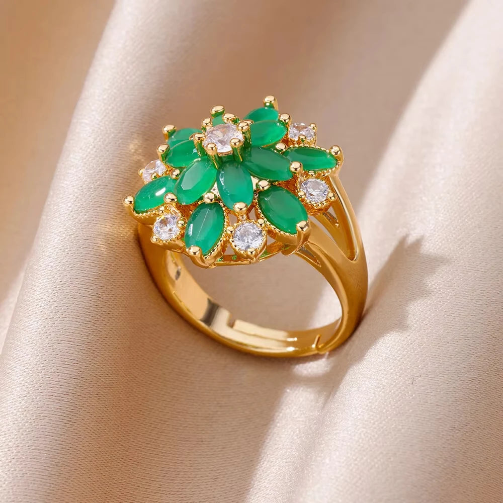 Luxury Gold-Plated Heart Ring with Colorful Zircon Stones – Adjustable Stainless Steel Cocktail Ring for Women