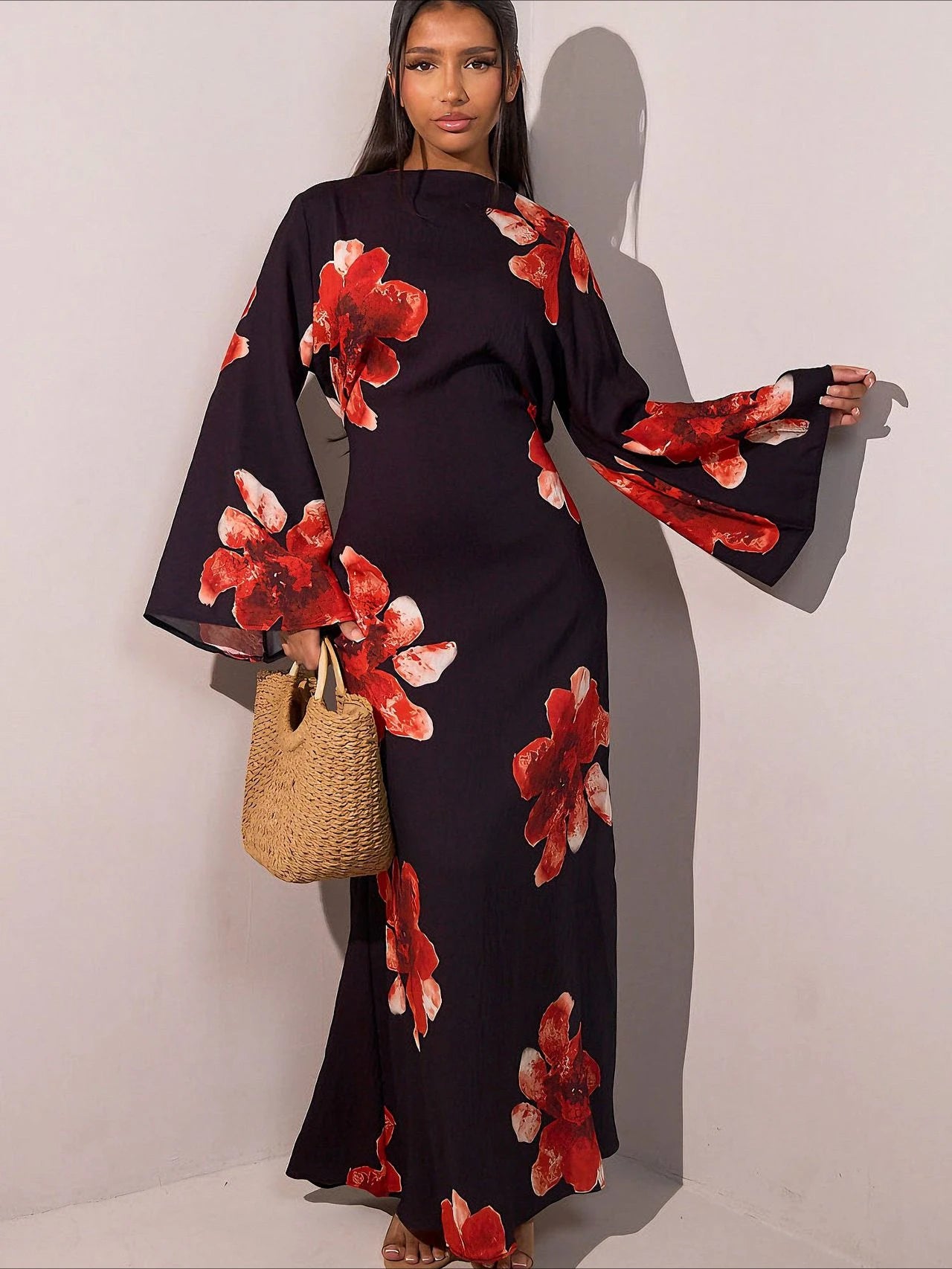 Elariah Floral Print Modest Kaftan Abaya Dress – Long Sleeve Maxi Jalabiya for Eid, Ramadan & Special Occasions