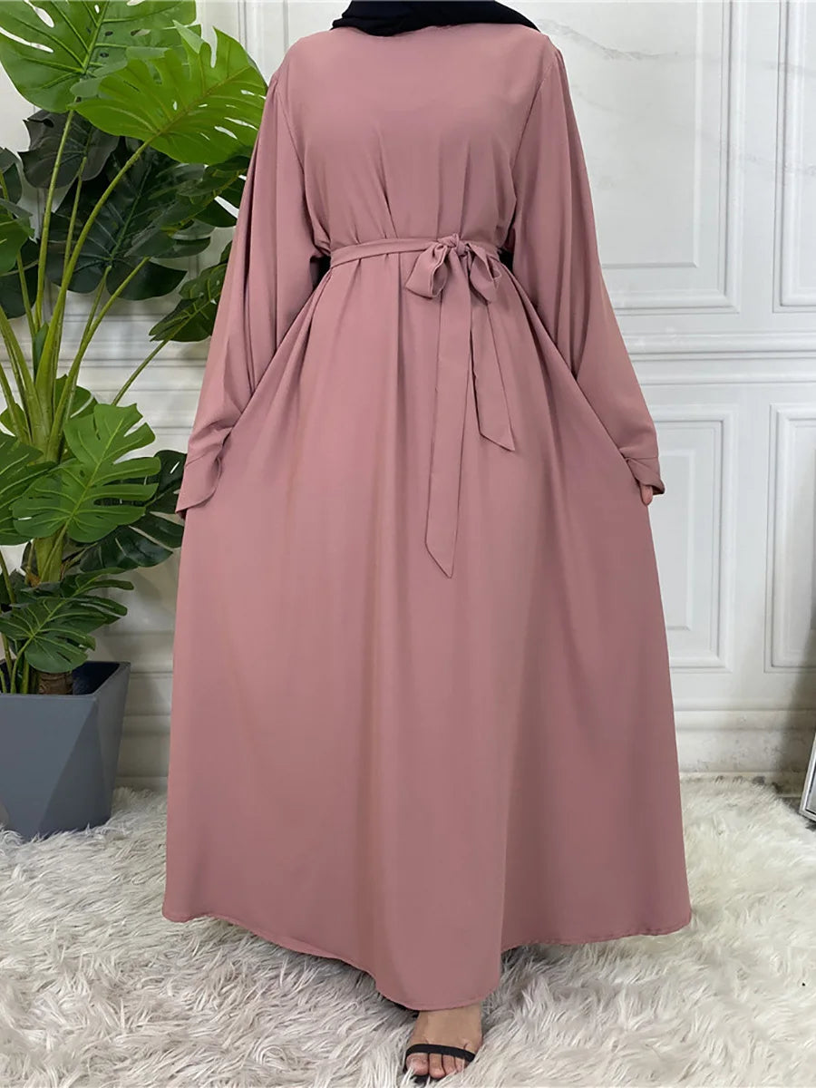 Elegant Modest Maxi Dress with Waist Tie – Long Sleeve Woven Abaya Style Dress for Women (All Season)
