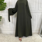 Elegant Modest Maxi Dress with Waist Tie – Long Sleeve Woven Abaya Style Dress for Women (All Season)