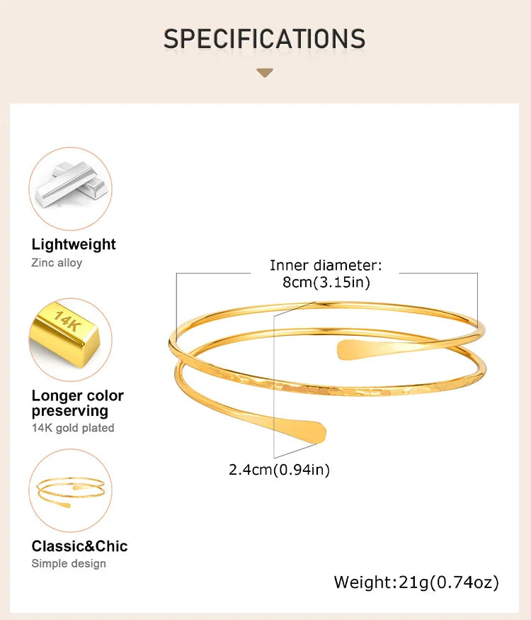 Minimalist Gold Plated Upper Arm Cuff Bracelet – Trendy Statement Armband Jewelry for Women