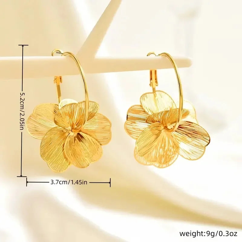 Golden Double-Layer Hollow Flower Hoop Earrings – Vintage Ethnic Drop Design for Women
