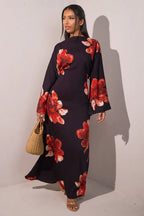Elariah Floral Print Modest Kaftan Abaya Dress – Long Sleeve Maxi Jalabiya for Eid, Ramadan & Special Occasions