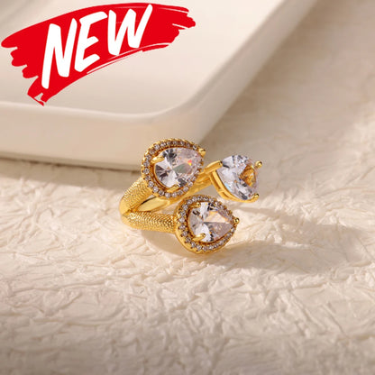 Luxury Gold-Plated Heart Ring with Colorful Zircon Stones – Adjustable Stainless Steel Cocktail Ring for Women