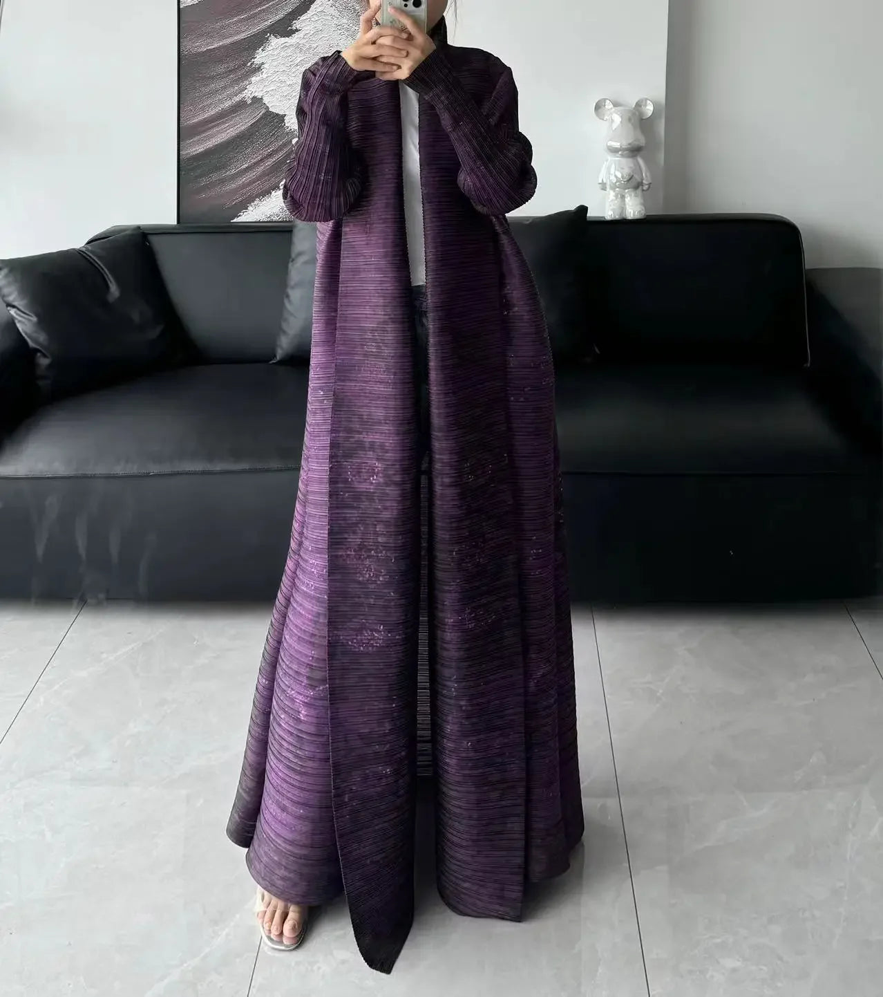 Elariah Retro Printed Pleated Abaya Coat – Belted Chiffon Maxi Modest Windbreaker Jacket for Women (One Size)