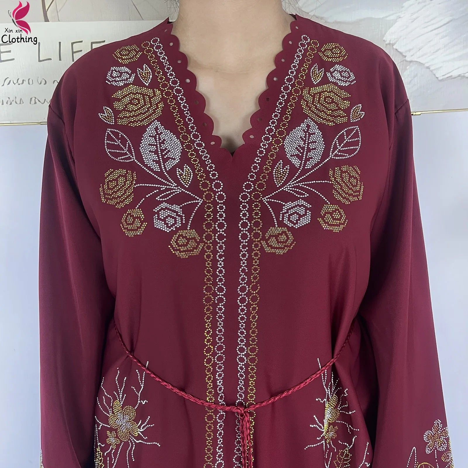 Elariah Diamond Chiffon Modest Abaya Dress – Elegant Long Sleeve Islamic Maxi Robe