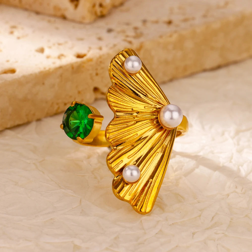 Bague cœur plaquée or de luxe avec zircones colorées – Bague cocktail ajustable en acier inoxydable pour femme