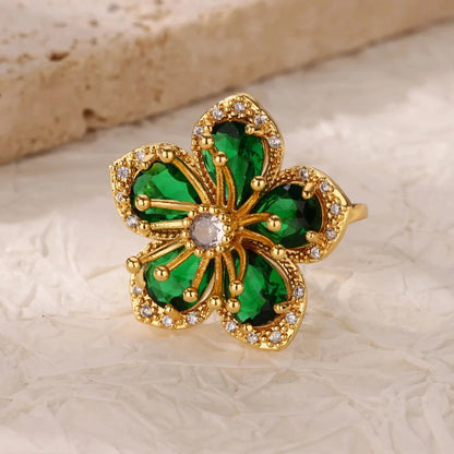 Luxury Gold-Plated Heart Ring with Colorful Zircon Stones – Adjustable Stainless Steel Cocktail Ring for Women