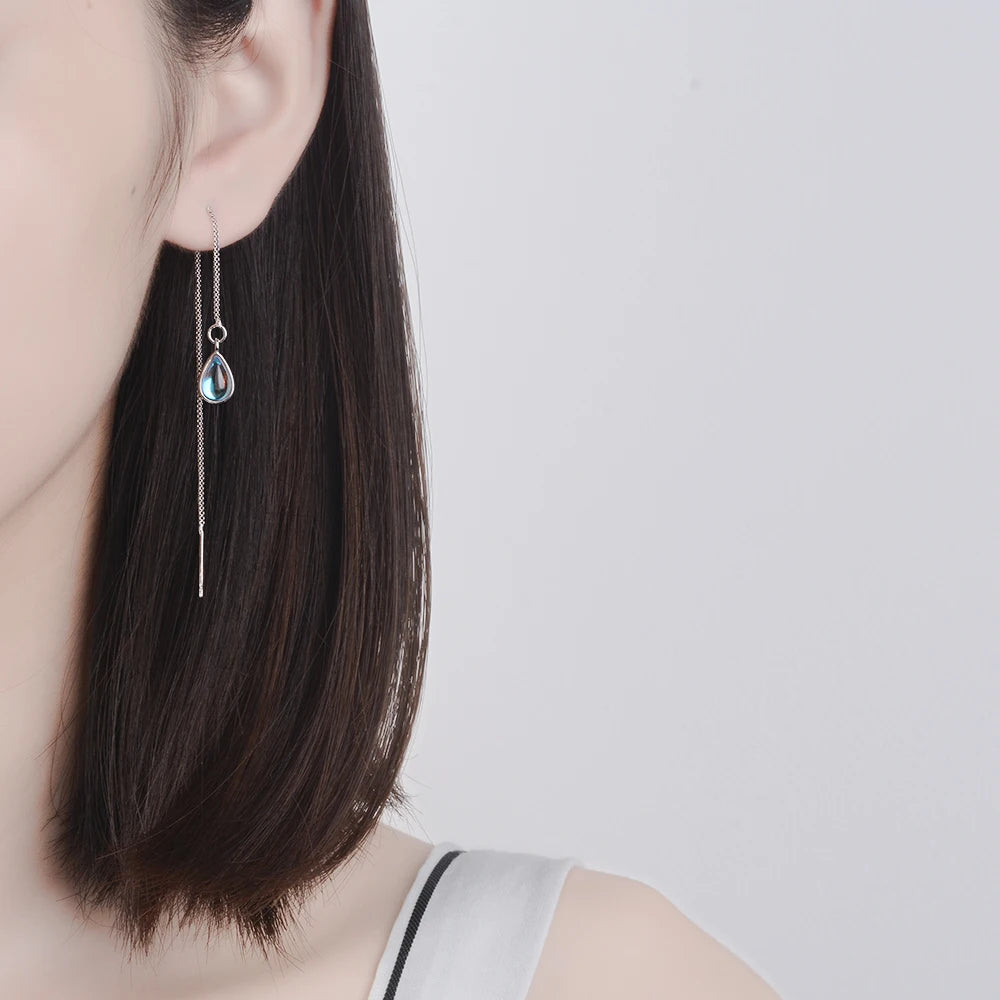 Elegant Teardrop Moonstone Threader Earrings – Long Chain Dangle Style for Women